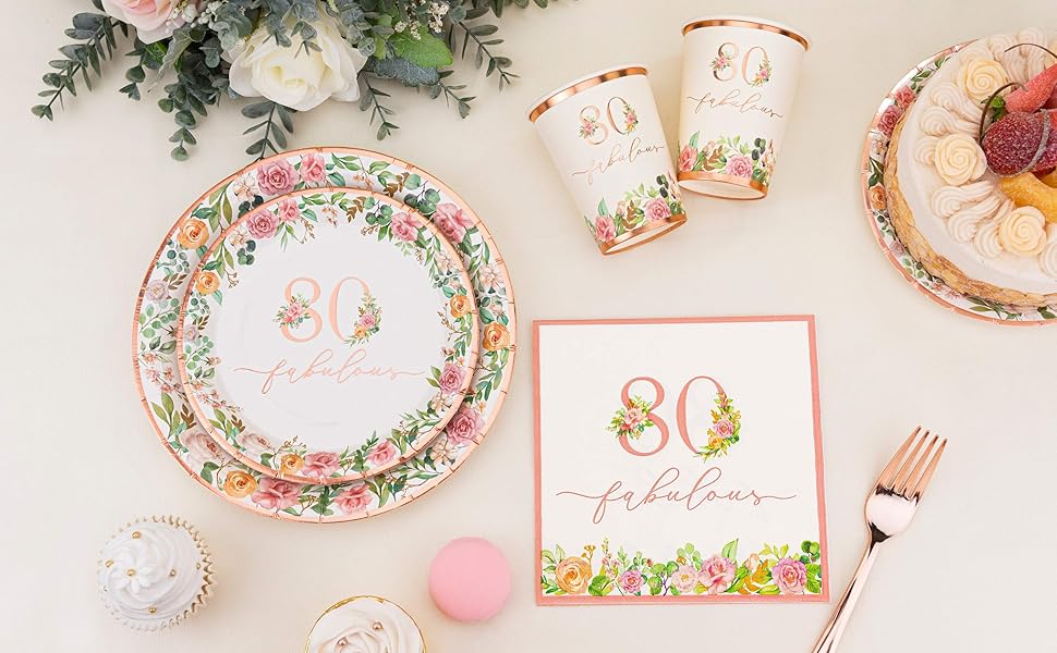 Crisky 80th Birthday Napkins and Plates for Women Rose Gold Floral Party Decoration Crisky 80th Birthday Napkins and Plates for Women Rose Gold Floral Party Decoration