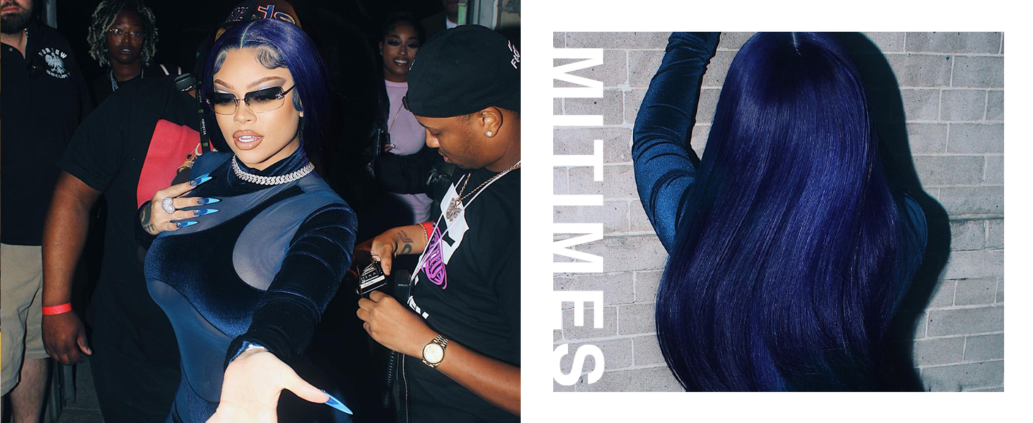 MITIMES Blue Straight HD Lace Front Wig Pre-Plucked Glueless Synthetic Dark Blue Lace Front Wig 