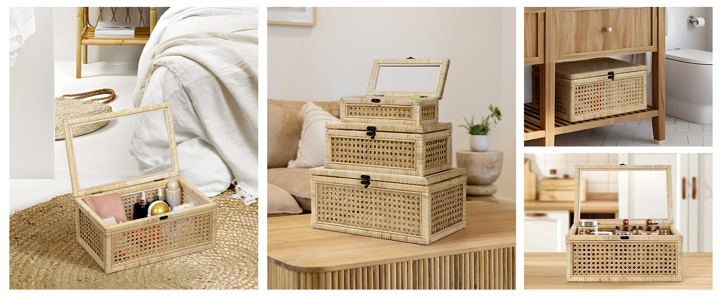 boho decorative boxes home decor wicker basket lid rattan decor keepsake trunk glass display box
