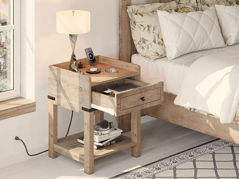 YITAHOME Farmhouse Nightstand with Charging Station, Night