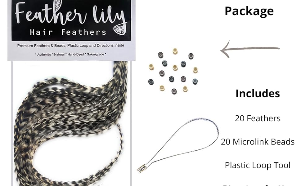 Hair Feathers Kit, 20 Long Feather Extensions with beads