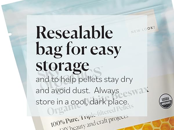 Sky Organics Organic White Beeswax Pellets has a resealable bag for easy storage