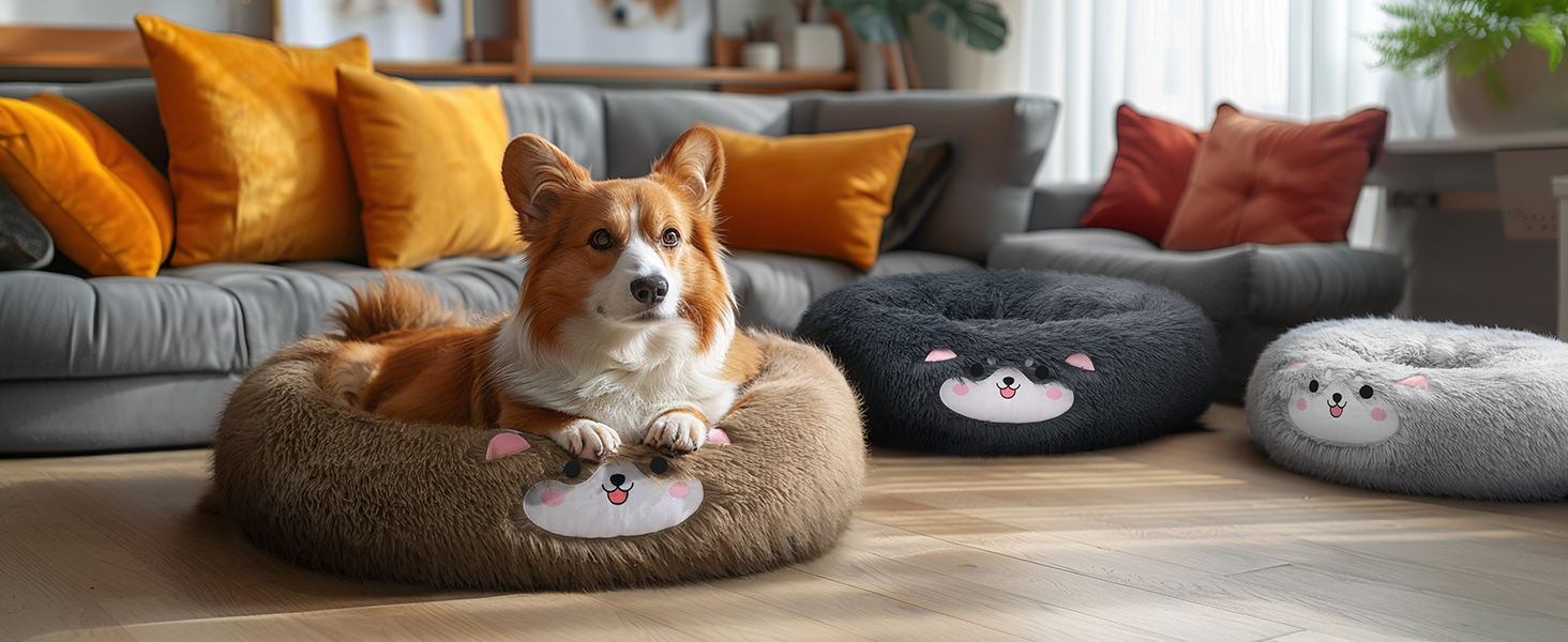 Veehoo Calming Donut Dog Cat Bed, AntiAnxiety Washable Round Bed Fluffy Dog