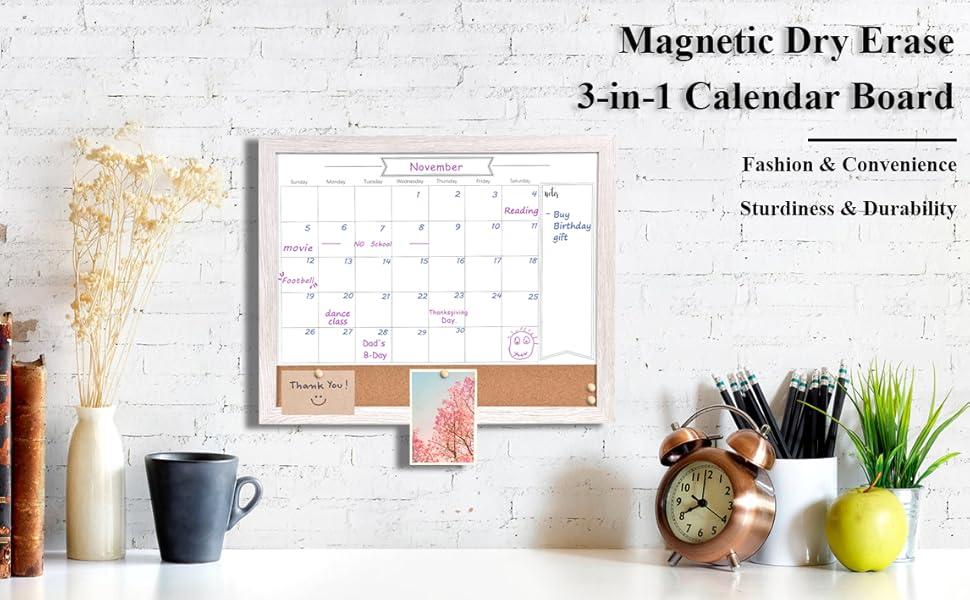 Umtiti White Wood Framed Combo Monthly Calendar Dry Erase White Board