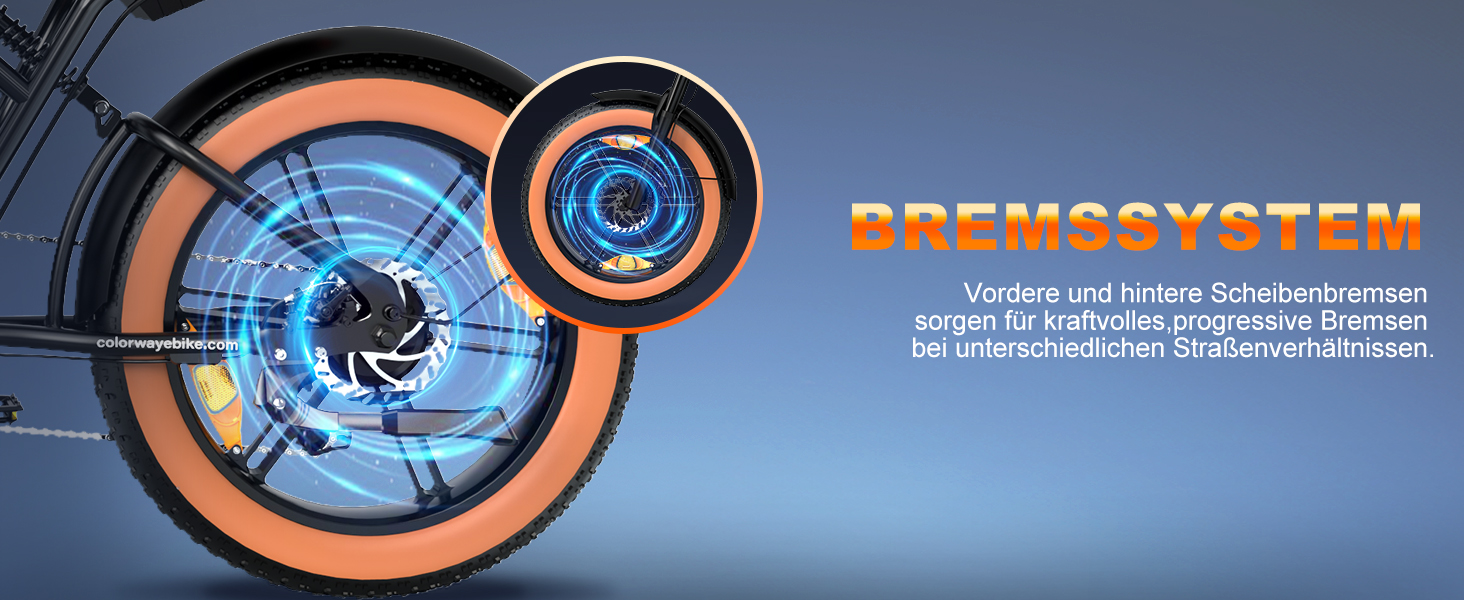 Schema einer Scheibenbremsanlage. Der orangefarbene Rotor mit blauem Spiraleffekt veranschaulicht die Wärmeableitung. Der Text „BREMSYSTEM“ bezeichnet die Bremstechnologie für verschiedene Straßenbedingungen