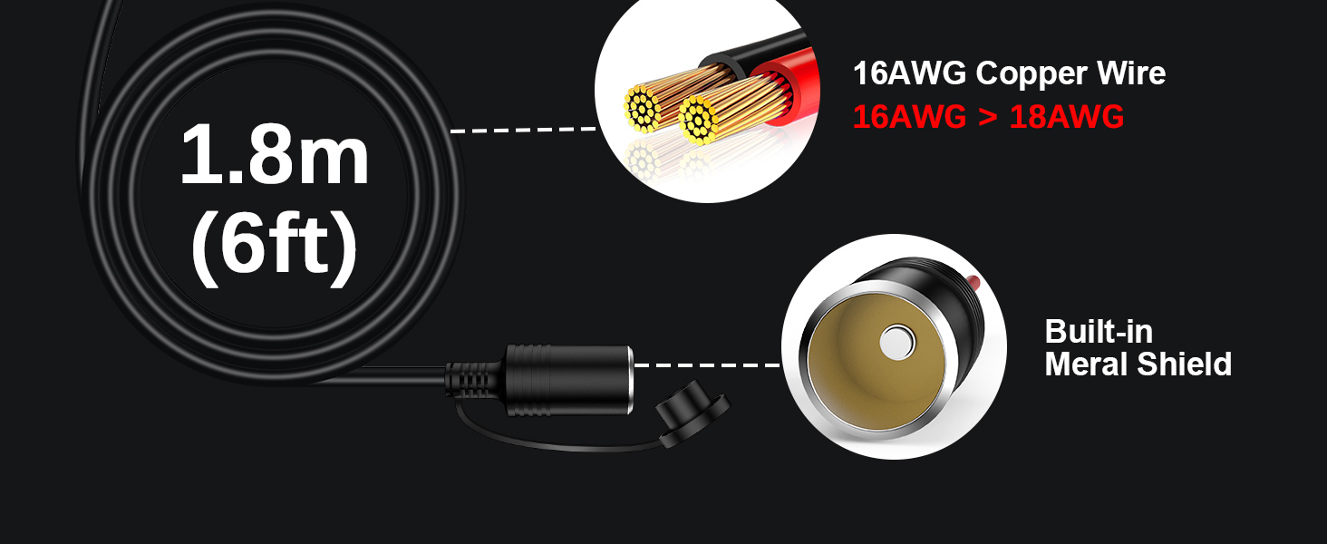 Product specification diagram showing 1.8m (6ft) wire with 16AWG copper construction and built-in metal shield component details.