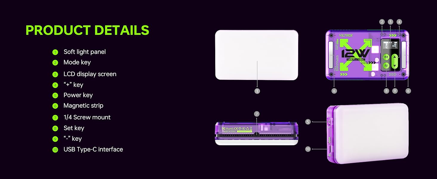 VILTROX Magnetic RGB Video Light 360° Full Color Portable LED Camera Light Panel