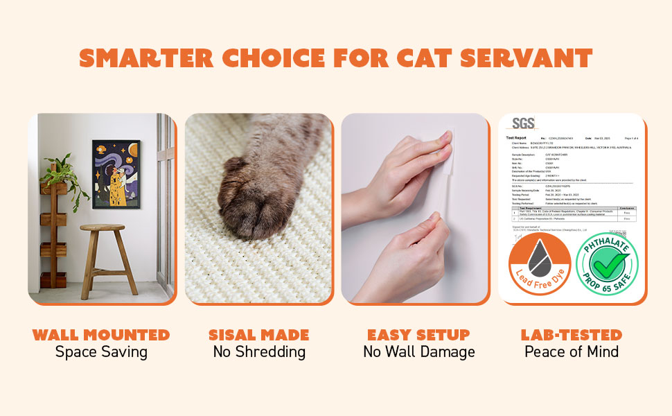 Features of wall-mounted cat scratcher including sisal material, easy setup, and lab-tested quality