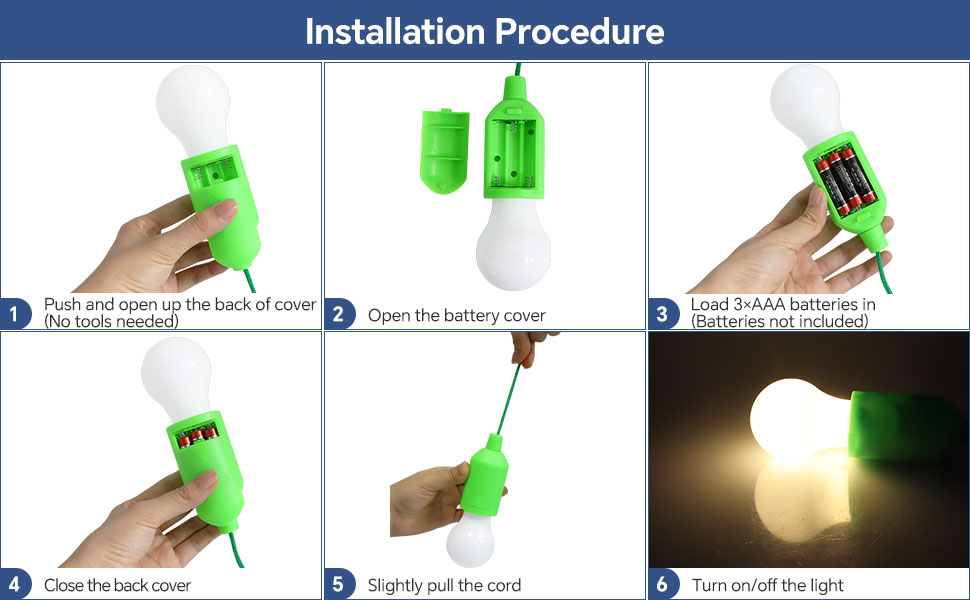 6 Pack LED Pull Cord Light Bulb, Battery Operated, Portable Hanging