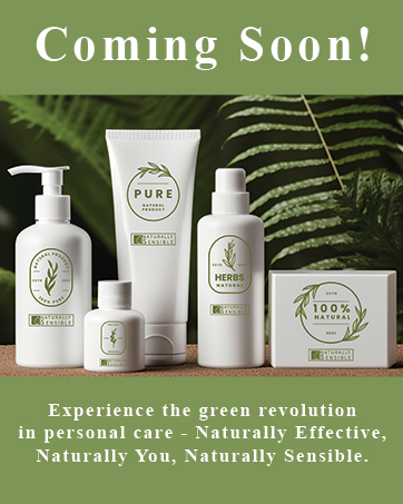 Green personal care products with green leaves in the background, labeled 'Coming Soon!