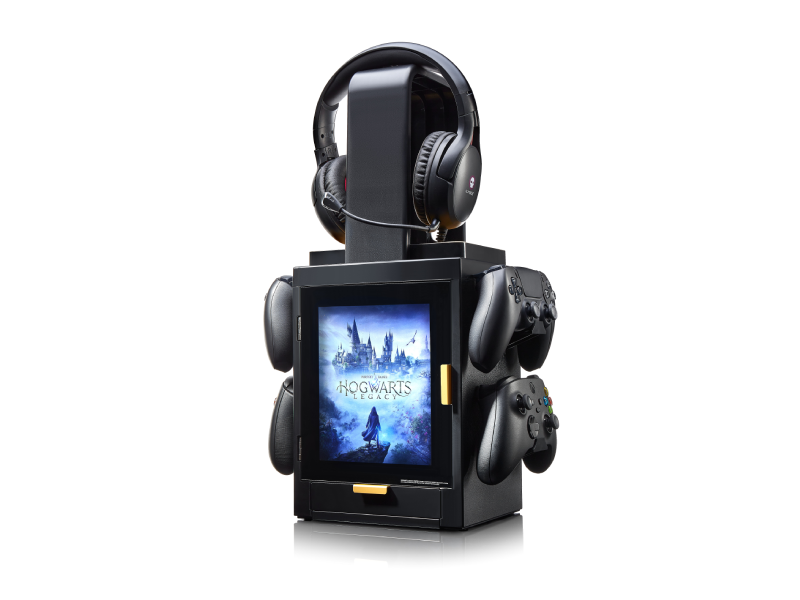 Gaming headphone stand with built-in display screen, featuring multiple headphone mounting points and black plastic construction.