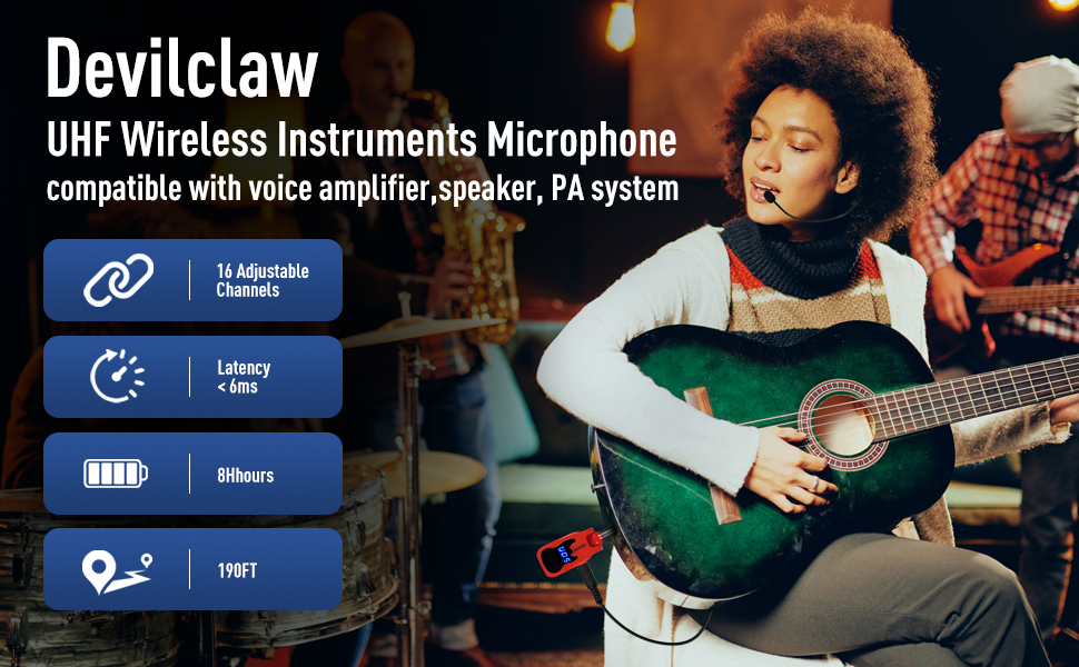 Wireless Guitar System with Microphone Headset, UHF Wireless Headset Mic Transmitter Receiver 2 in1