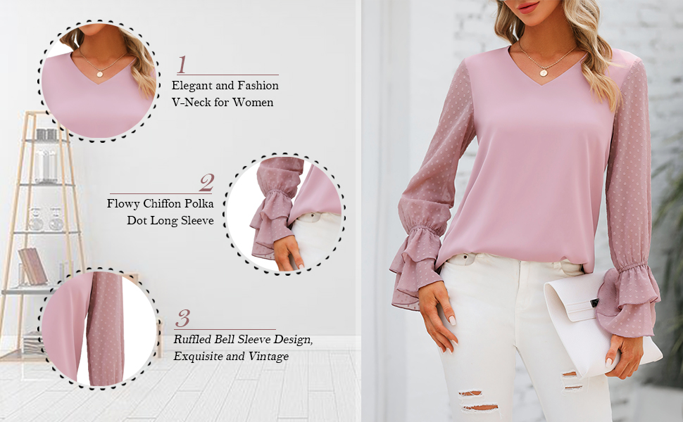 Women's V Neck Ruffled Long Bell Sleeve Tops