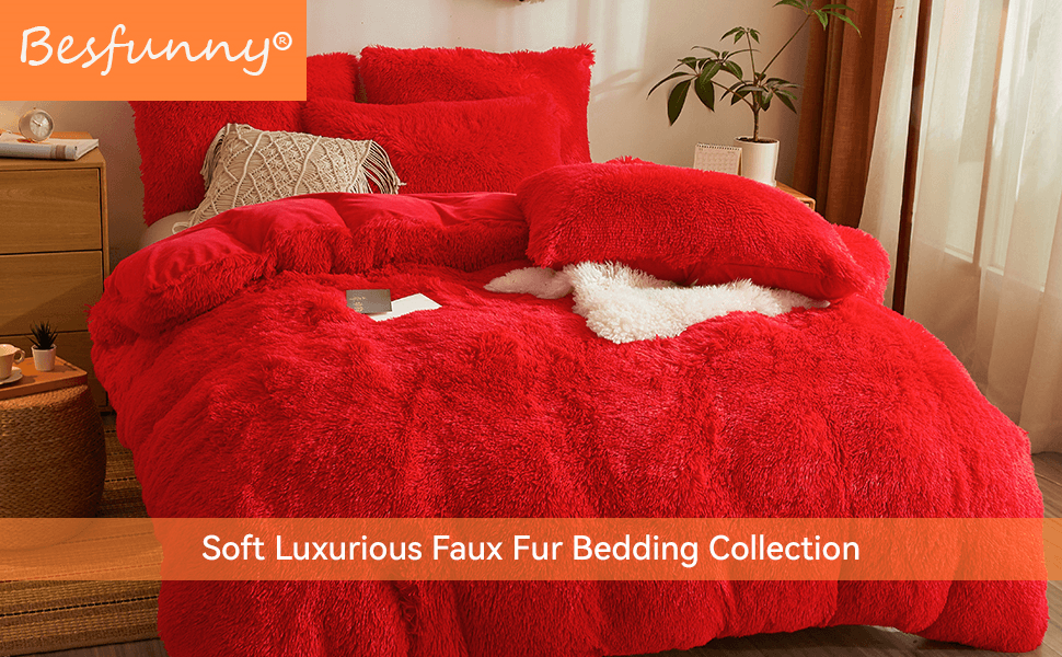 Red fluffy Comforter Cover Shaggy Plush Set,Ultra Soft Faux