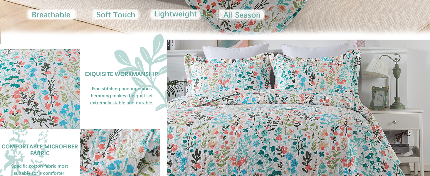 VAPUTAR Cotton Queen Quilt Bedding Set3 Pieces Botanical