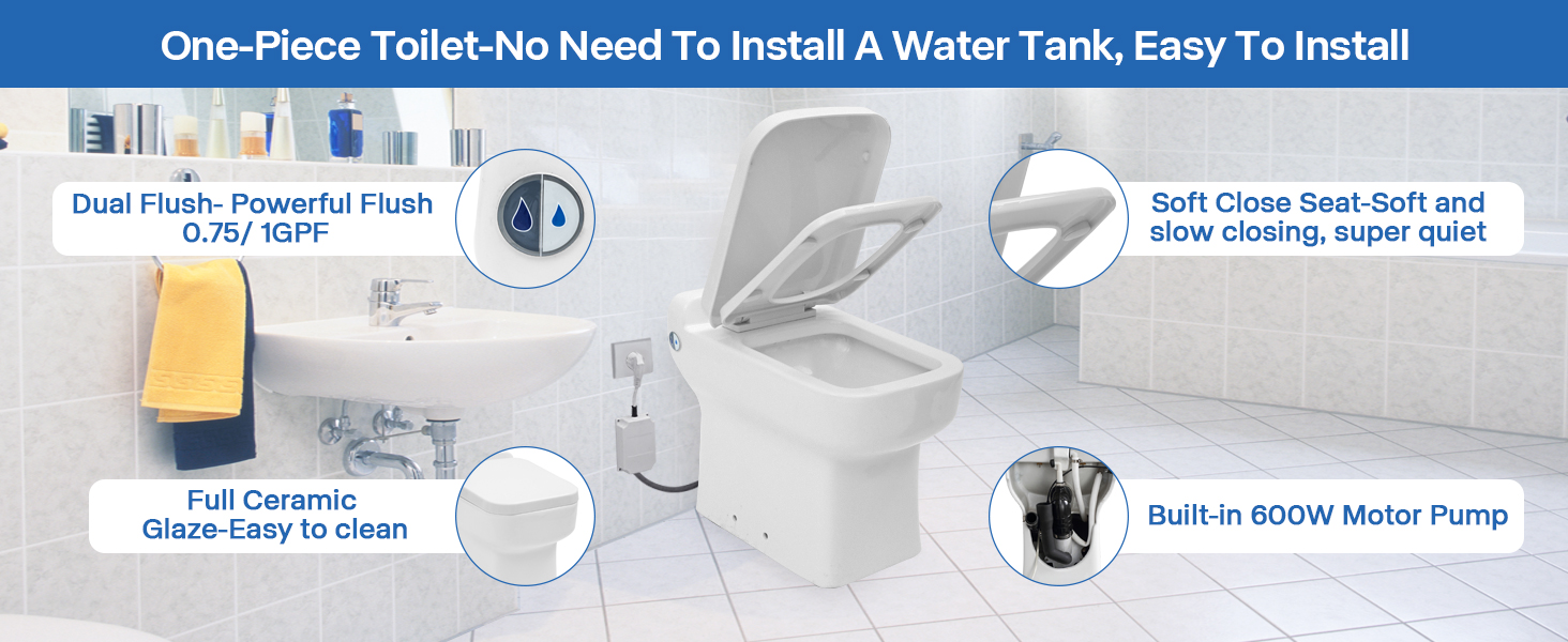 Compact Dualflush Macerating Toilet,One Piece Toilet Built In 600watt 4/5HP Macerator Pump for