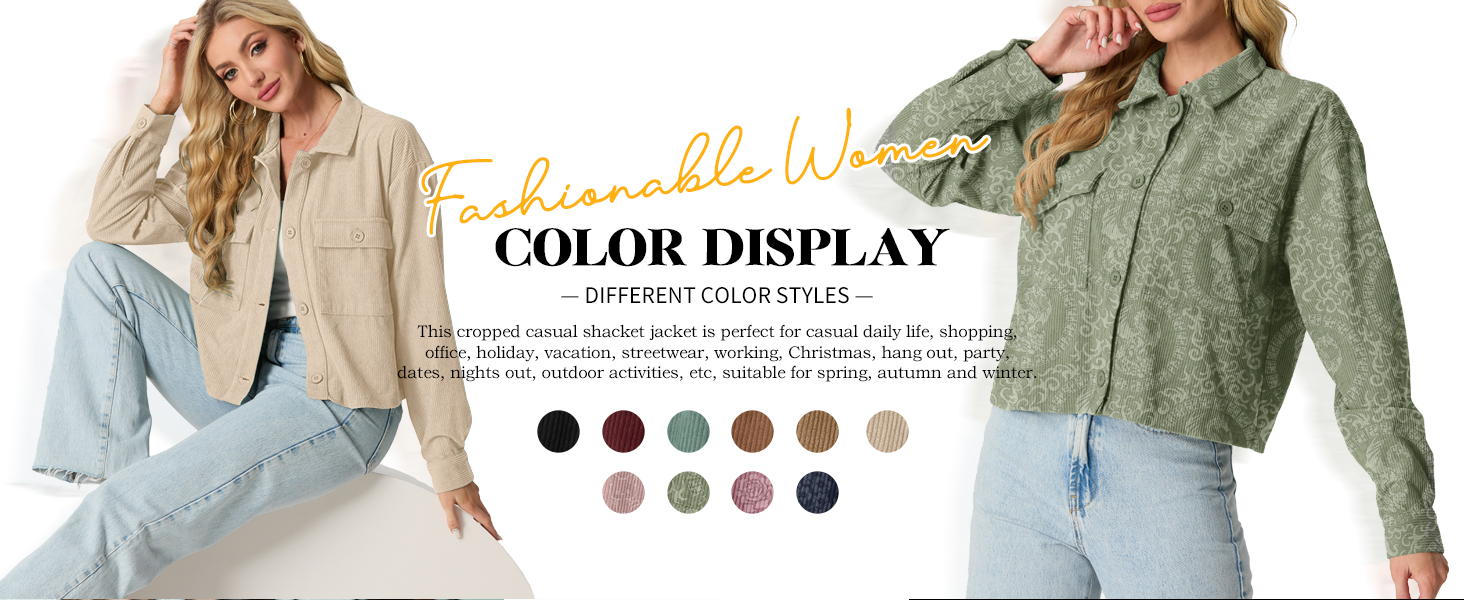 Women's jacket display featuring beige and green cropped styles. Models wear jackets with different poses. Color swatches shown below for various options.
