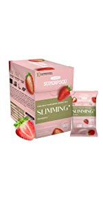 Slimming Strawberry Drink Mix Protein Powder Box with Sliced Strawberry and Sachet
