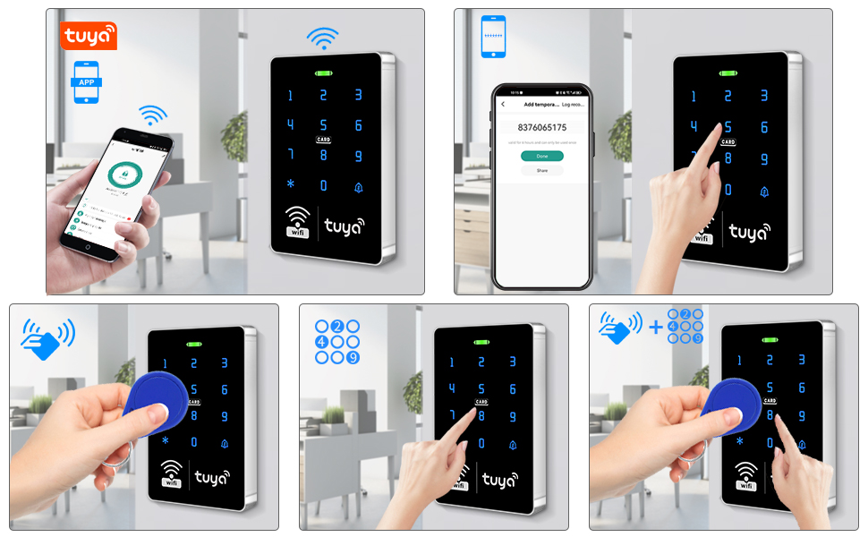 سیستم قفل درب هوشمند با صفحه لمسی، روشهای مختلف تعامل از جمله برنامه تلفن هوشمند، اثر انگشت، ورود رمز عبور و دسترسی به کارت NFC را نشان میدهد.