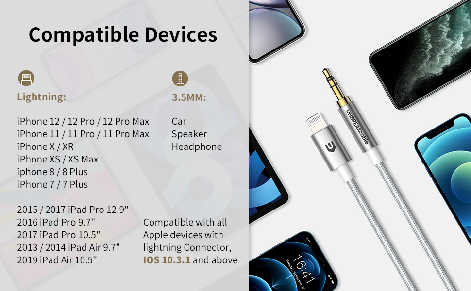 UNBREAKcable Aux Cable for iPhone in Car, Lightning to 3.5mm Aux Cord
