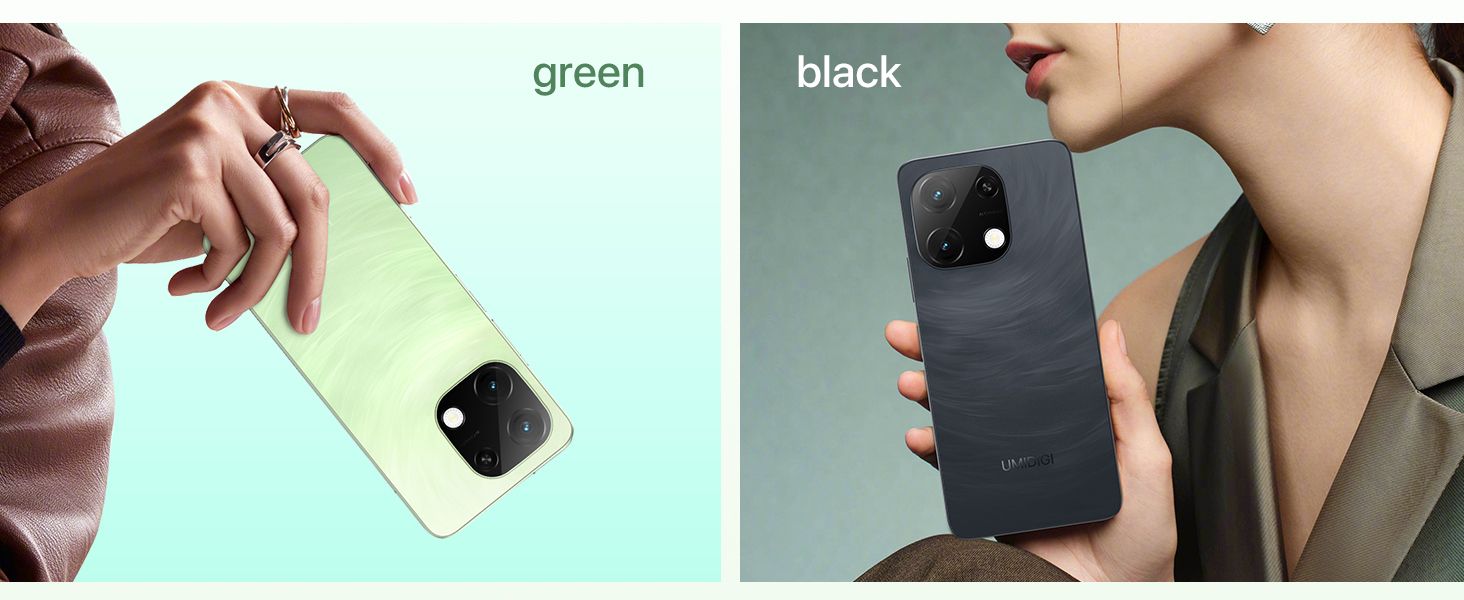 Smartphone comparison showing same model in two colors - green and black versions, demonstrating rear camera design.