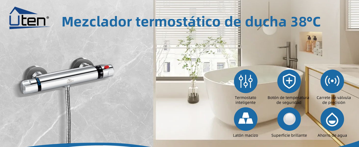 con control de temperatura ajustado a 38 °C, montado en una pared blanca. Presenta iconos de seguridad y eficiencia mostrados