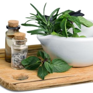 Sequence of images showing a wooden cutting board with green plant leaves and what appears to be a glass container, arranged in different compositions.