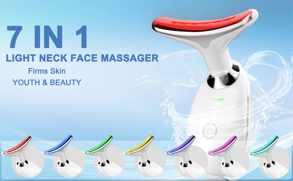 Facial massager with 7 colors, vibration, and red light therapy.