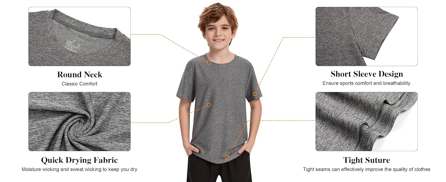 6 Pack Boys Athletic Shirts Youth Kids Quick Dry Moisture Wicking UPF 50+ Short Sleeve T-Shirts