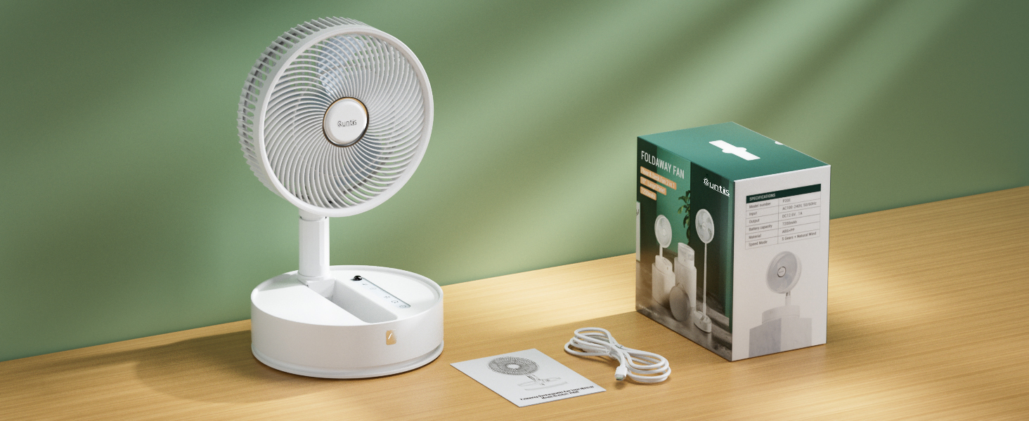 Quntis Foldable Floor Fan with Remote, Rechargeable Portable Standing