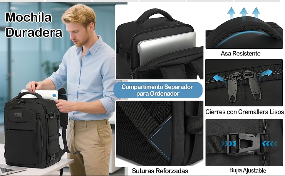Mochila negra para portátil con múltiples compartimentos y acolchado que se muestra desde diferentes ángulos, con material resistente al agua y correas ajustables.