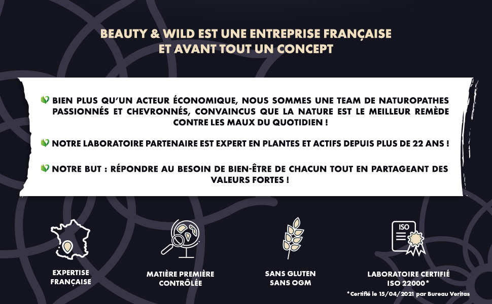 d'une entreprise française montrant quatre icônes représentant les valeurs de l'entreprise, avec du texte sur les ingrédients naturels et l'expertise affiché sur fond foncé