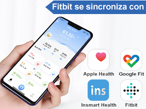 Smartphone que muestra la interfaz de la aplicación de fitness. Se muestran los iconos de Apple Health, Google Fit, Insnart Health y Fitbit. El texto indica la capacidad de sincronización de Fitbit