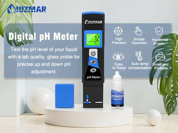 دستگاه pH سنج دیجیتال از برند Huzmar، به همراه بطری محلول آزمایش و رابط کاربری که آیکونهای اندازهگیری و تنظیمات را نشان میدهد.