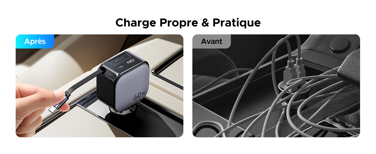 UGREEN Nexode Chargeur Voiture 60W avec câble USB-C rétractable offre une recharge ordonnée et pratique dans la voiture grâce à 8 longueurs de câble réglables, idéal pour une gestion flexible des câbles en déplacement.