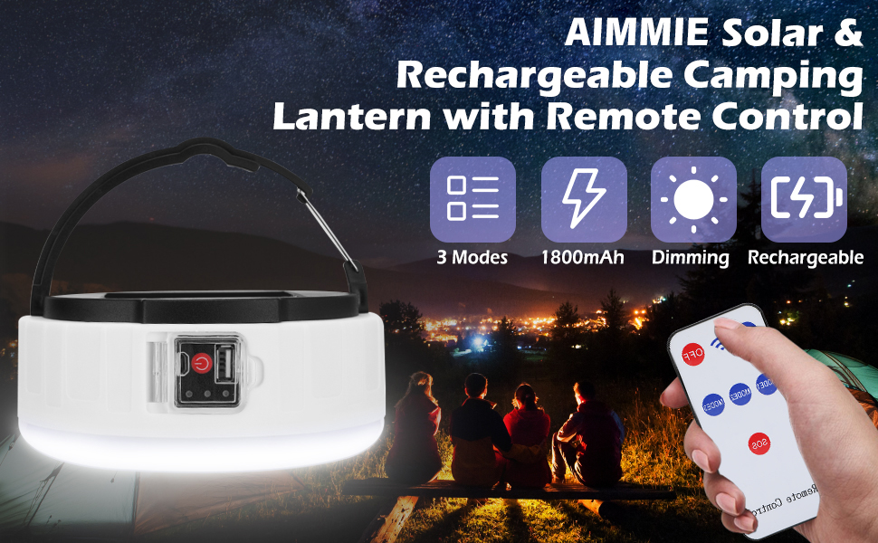 AIMMIE Solar Camping Lantern with Remote Control 4 Light Mode LED Camp
