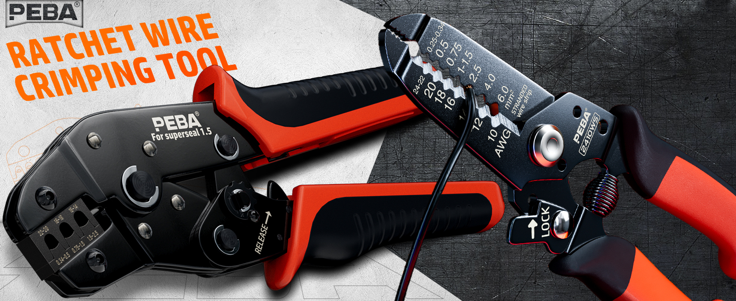 PESA ratchet wire crimping tool with black head and red handles. Features adjustable crimping dies and ergonomic grip design for electrical wiring tasks.