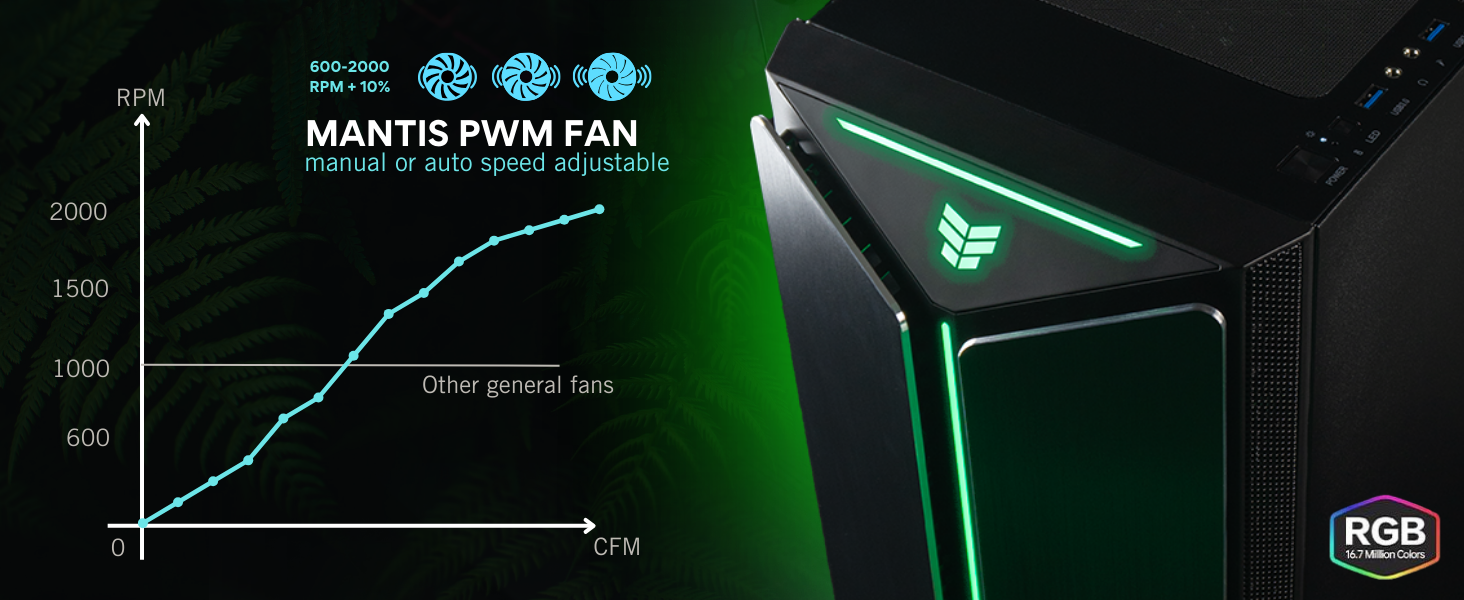 The PWM fans in the Mantis ATX Tower Computer case allows you to adjust fan speeds high or low