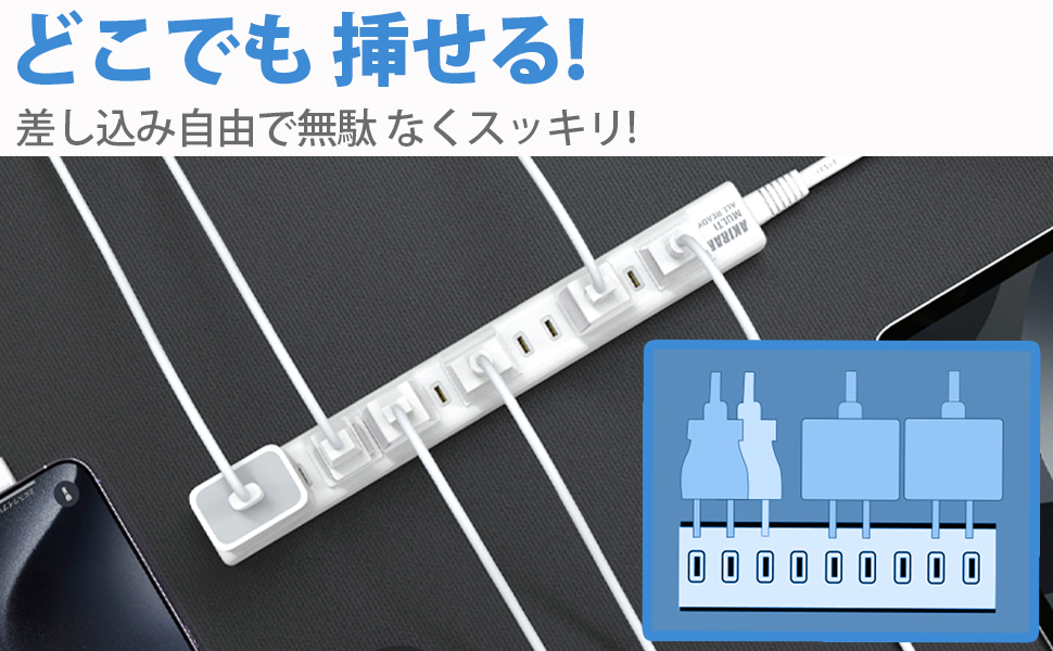 Amazon.co.jp: AKIRARI 電源タップ 8.5個口 スリムタップ 自由に