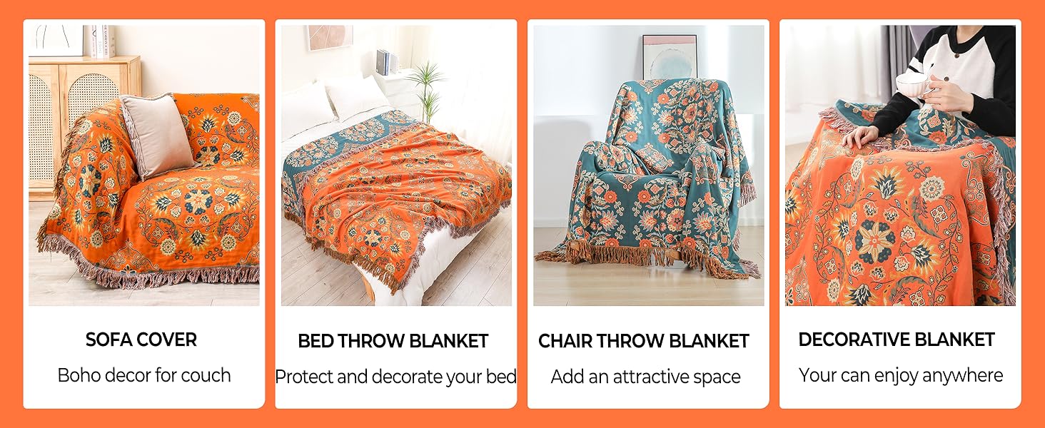Four-panel image showcasing orange patterned blankets. Used as sofa cover, bed throw, chair throw, and decorative blanket. Boho-style floral designs visible.