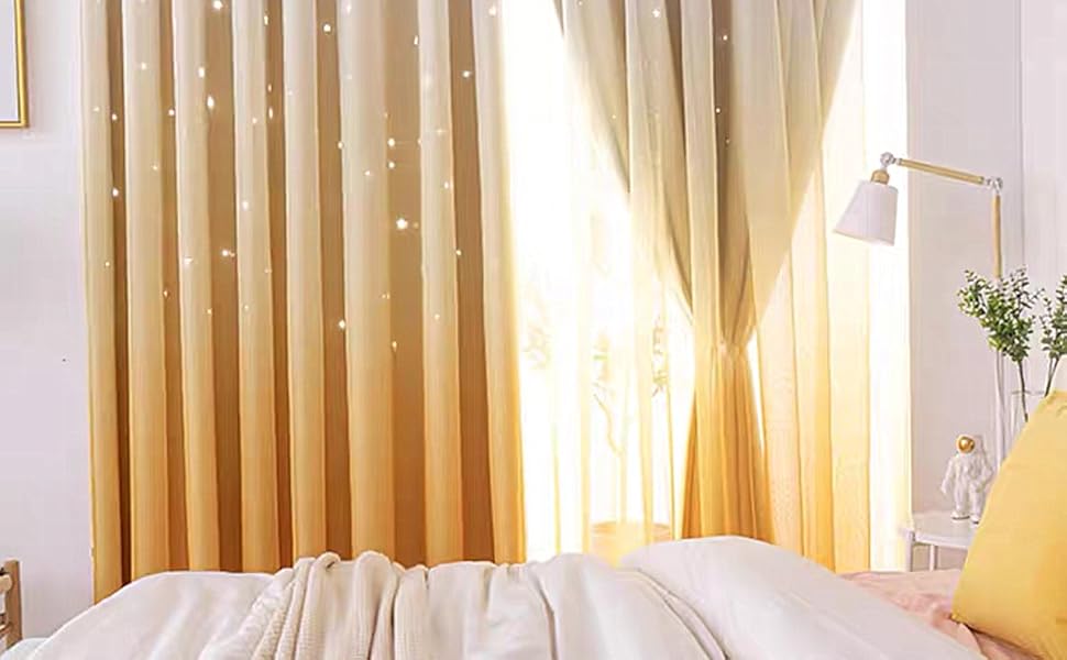 Amazon｜Kouso 2枚入 グラデーションカラー カーテン！透かし彫り星柄