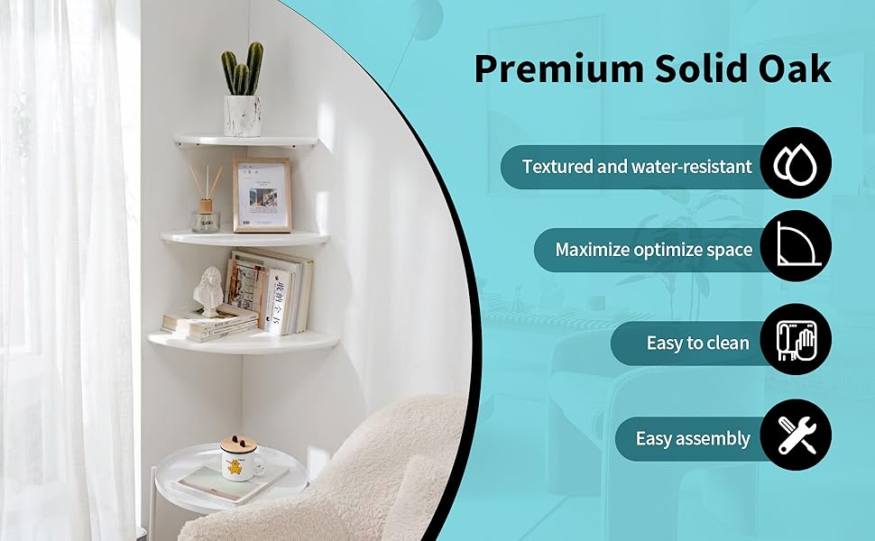 Corner Shelf, White Solid Oak Wood Floating Corner Shelf