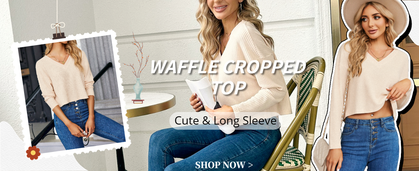 Women waffle knit top long sleeve top