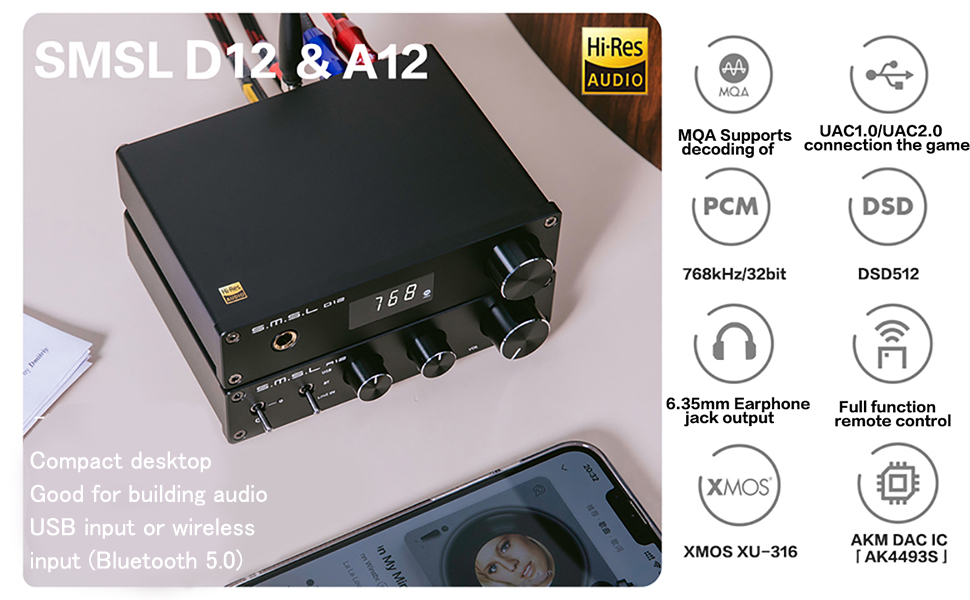 S.M.S.L D12 USB MQA DAC Headphone Amplifier AKM Chip AK4493S Bluetooth