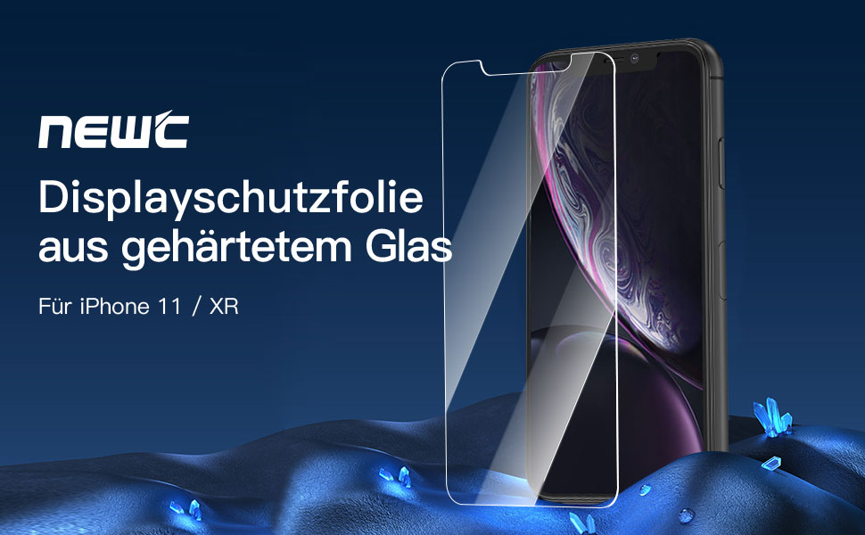 Displayschutz aus Hartglas für iPhone 11/XR Abgebildetes Produkt mit Handy-Silhouette und blauen Lichteffekten auf dunklem