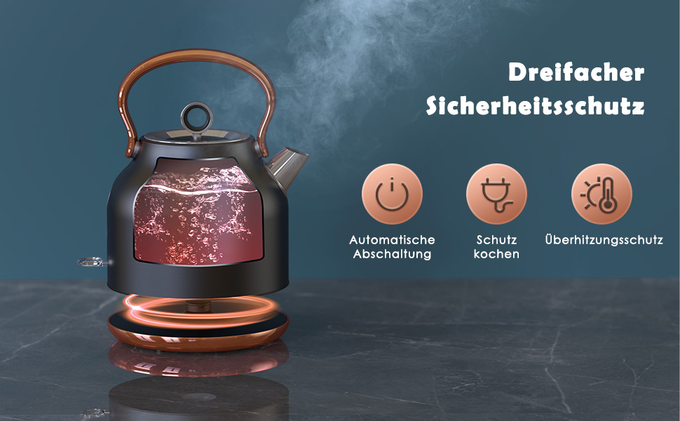 Black electric kettle with copper accents and illuminated interior. Features triple safety protection: automatic shutoff, boil-dry protection, and overheating protection.