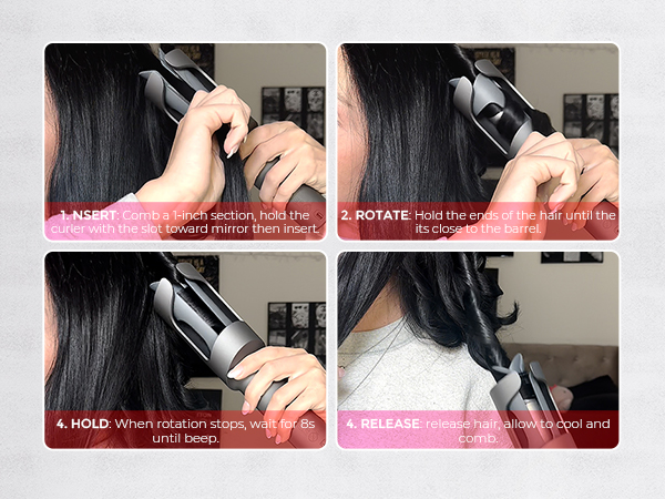 Four-panel instructional image for hair curling device. Shows steps: insert hair, rotate device, hold position, and release curl. Device has black handle and silver barrel.