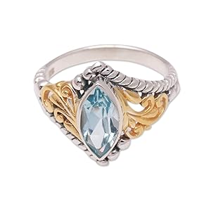NOVICA Artisan Handmade 18k Gold Accented Blue Topaz Singlestone Cocktail Ring From Indonesia