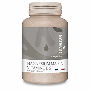 Flacon de supplément étiqueté « NATÉVO MAGNÉSIUM MARIN VITAMINE B6 ». Contenant beige avec étiquette grise, 120 comprimés, fabriqué en France.