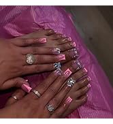 48 Pcs Diamond Press on Nails Pink Press on Toenails Set Square Fake Nails with Design French Tip...